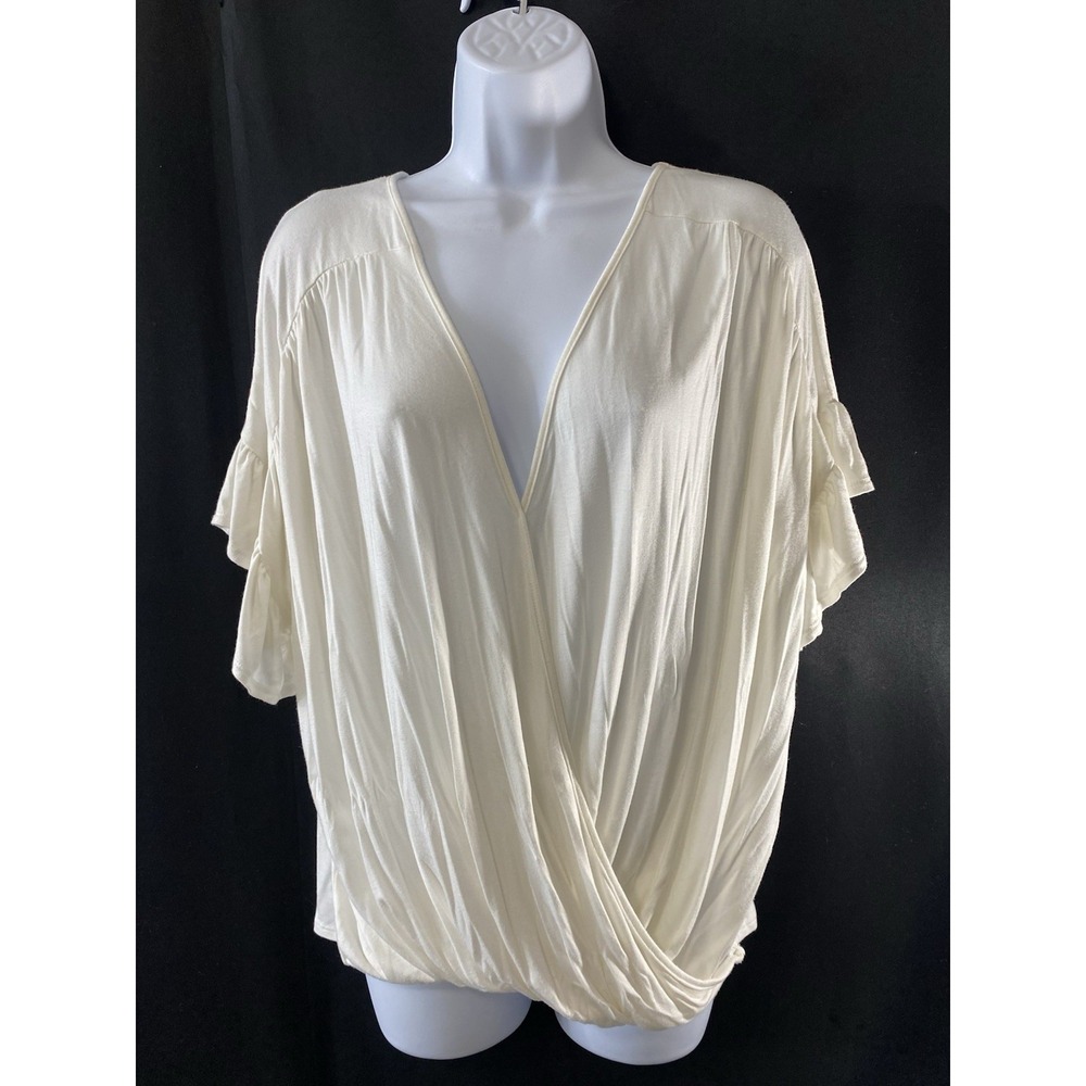 Cherish Women's Plunge Neck Rushed Drapey Shirt Size Medium Flutter Sleeve Boho
